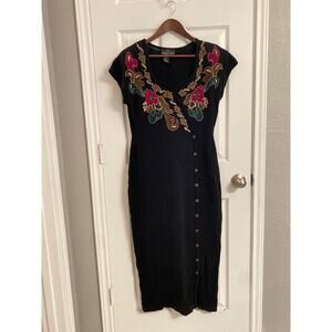 Carole Little Wool Blend Knit Dress Embroidered Beaded Size Large Boho Artsy